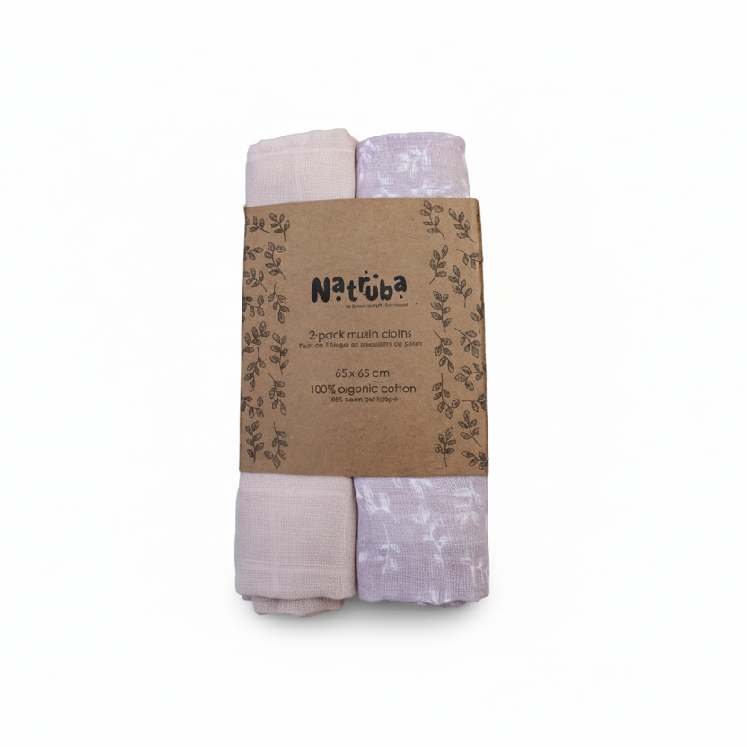 Set di Mussole in Cotone Biologico Rosa/Lilla 65 cm